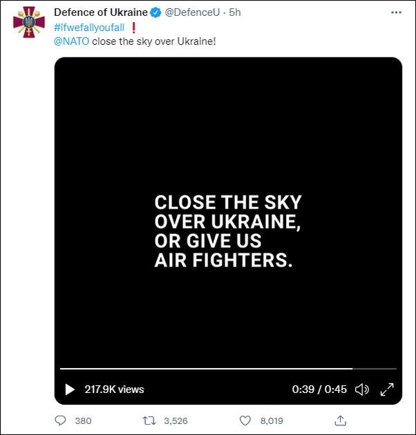 Thông điệp của Bộ Quốc phòng Ukraine gửi NATO: "Hoặc thiết lập vùng cấm bay, hoặc cho chúng tôi máy bay chiến đấu!". Thông điệp của Bộ Quốc phòng Ukraine gửi NATO: "Hoặc thiết lập vùng cấm bay, hoặc cho chúng tôi máy bay chiến đấu!".