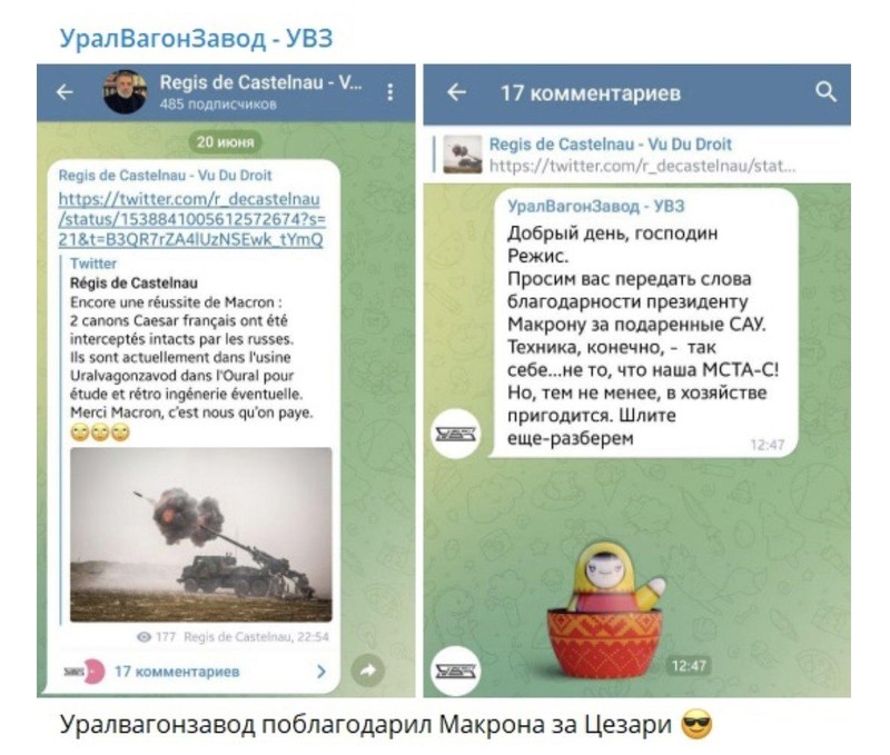 Ông Regis de Castelnau thông báo hai cỗ pháo tự hành Caesar viện trợ Ukraine đã bị rơi vào tay quân Nga. Ông Regis de Castelnau thông báo hai cỗ pháo tự hành Caesar viện trợ Ukraine đã bị rơi vào tay quân Nga.