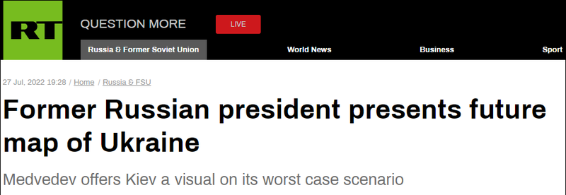 Trang RT của Nga đưa tin về bản đồ Ukraine do ông Medvedev đưa ra. Trang RT của Nga đưa tin về bản đồ Ukraine do ông Medvedev đưa ra.