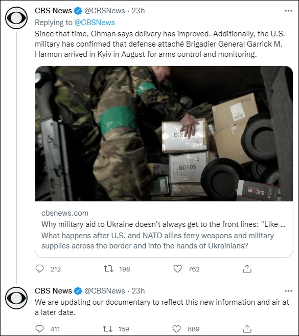 Trước sức ép của Ukraine, CBS phải lên tiếng cải chính, sửa chữa và hoãn chiếu bộ phim "Arming Ukraine”. Trước sức ép của Ukraine, CBS phải lên tiếng cải chính, sửa chữa và hoãn chiếu bộ phim "Arming Ukraine”.