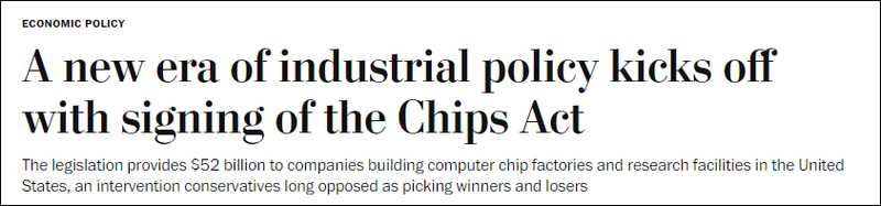 Tờ Washington Post cho rằng việc ông Biden kí Luật Chip đã mở ra kỉ nguyên mới cho Chính sách công nghiệp của Mỹ. Tờ Washington Post cho rằng việc ông Biden kí Luật Chip đã mở ra kỉ nguyên mới cho Chính sách công nghiệp của Mỹ.