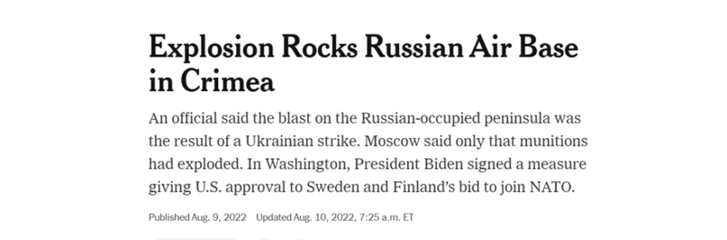 New York Times ngày 9/8 đưa tin Quân đội Ukraine đã lên kế hoạch cho vụ tấn công sân bay Saki. New York Times ngày 9/8 đưa tin Quân đội Ukraine đã lên kế hoạch cho vụ tấn công sân bay Saki.