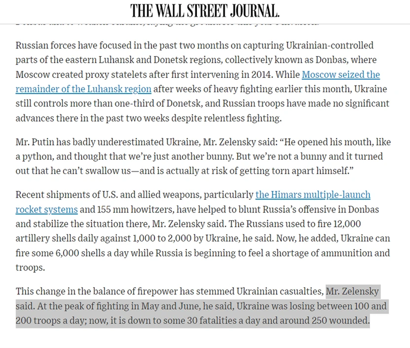 Bài viết của The Wall Street Journal dẫn lời ông Zelensky về thiệt hại của Quân đội Ukraine. Bài viết của The Wall Street Journal dẫn lời ông Zelensky về thiệt hại của Quân đội Ukraine.