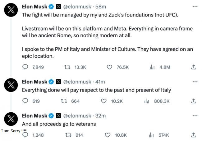 Elon Musk thông báo trên mạng xã hội X về diễn biến mới nhất của vụ thách đấu giữa ông và Mark Zuckerberg (Ảnh: QQ). Elon Musk thong bao tren X.jpg