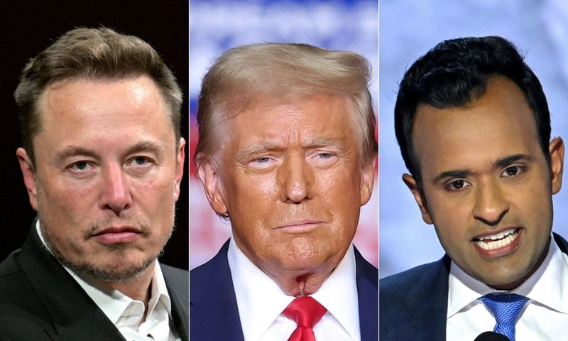 Ông Donald Trump rất tin tưởng hai doanh nhân Elon Musk và Vivek Ramaswamy sẽ giúp ông làm tinh gọn bộ máy chính quyền (Ảnh: Worldjournal)