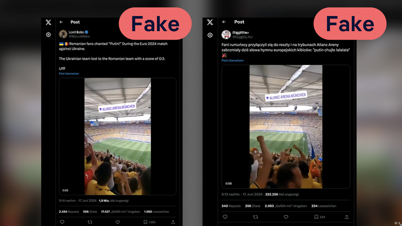 Các video giả mạo được lồng tiếng hô ủng hộ và phản đối Tổng thống Nga trong một trận cầu giải Vô địch châu Âu ở Đức trong khi thực tế không có. Ảnh: Deutsche Welle.