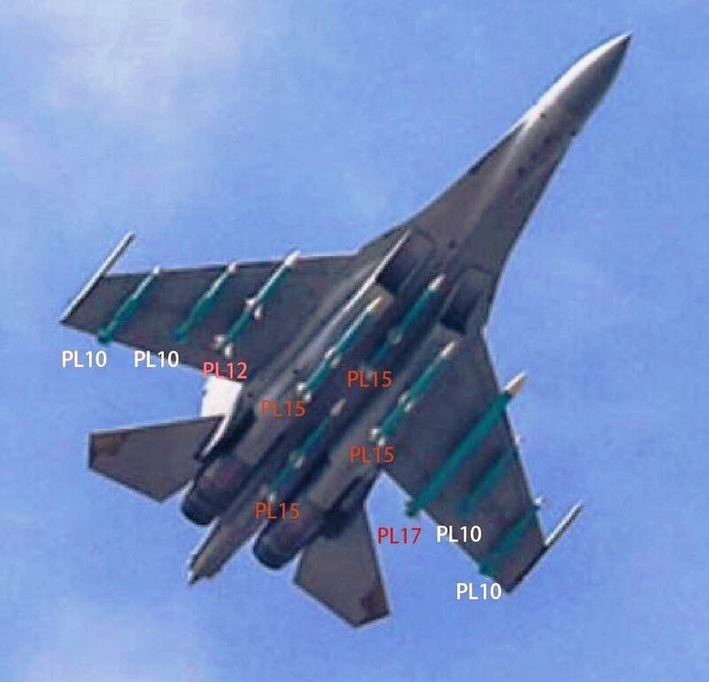 Tiêm kích J-11B mang các loại tên lửa không đối không dòng PL. Ảnh: Sohu. J-16 mang cac ten lua.jpg