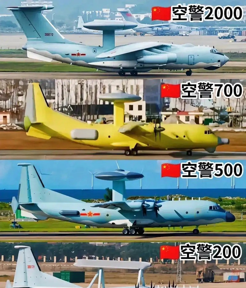 Bốn loại máy bay cảnh báo sớm KJ-200, KJ-500, KJ-700 và KJ-2000 của không quân Trung Quốc. Ảnh: Toutiao. 4 loai may bay canh bao som.jpeg