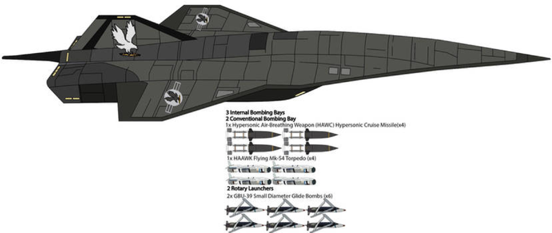 Một giả thiết về SR-72 Dark Star và vũ khí mà nó mang theo. Ảnh: Xinhua. Gia thiet SR-72 va vu khi.png