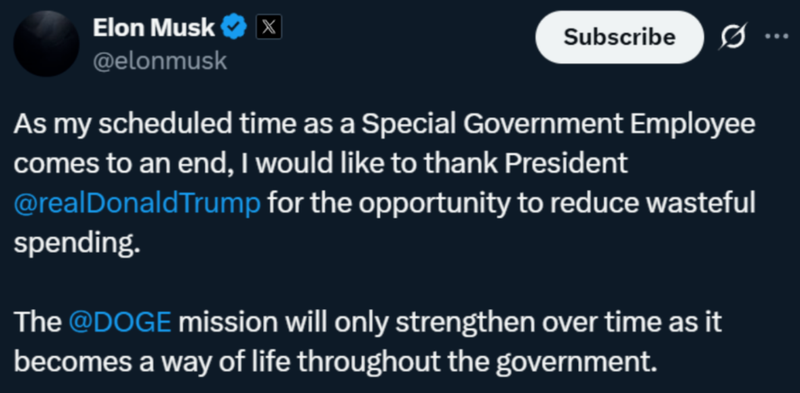 Elon Musk công khai tuyên bố trên X sẽ rời khỏi chính quyền Trump. Ảnh: QQnews. Elon Musk thong bao.png