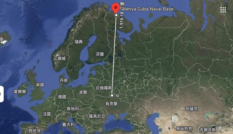 Vị trí và khoảng cách từ căn cứ Olenya đến biên giới Ukraine. Ảnh: Chinatimes. Vi tri Olenya.png