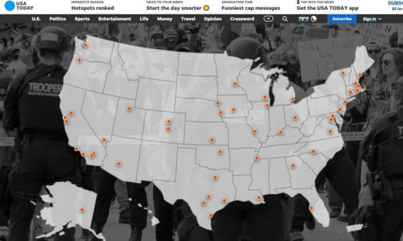 Trang USA Today thống kê và đánh dấu các thành phố diễn ra biểu tình chống chính phủ đã lan rộng trên khắp nước Mỹ. Ảnh: QQnews. USA Today thong ke.png
