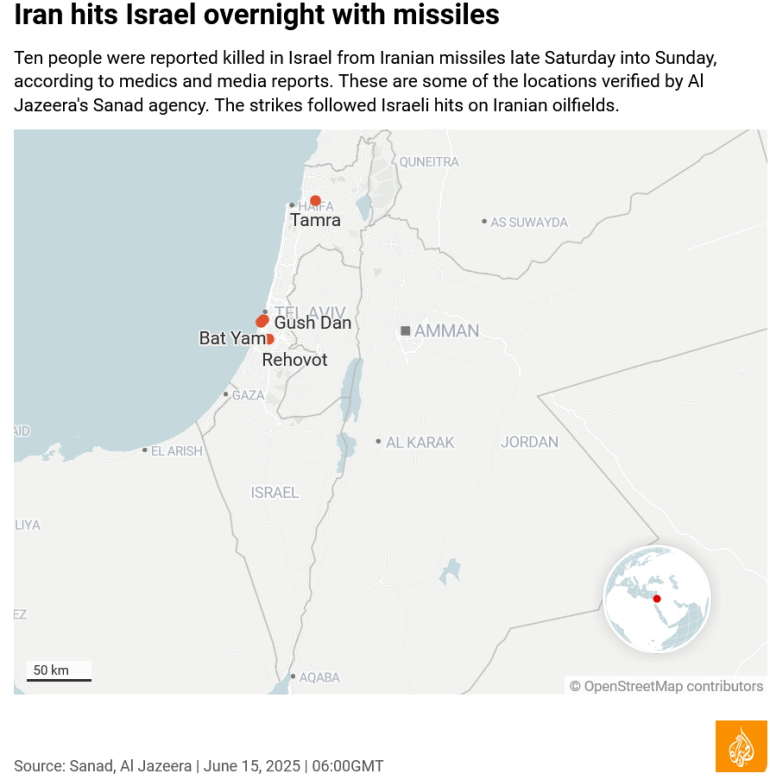 Các thành phố ở Israel bị tên lửa Iran tấn công đêm 15/6. Ảnh: Aljazeera. Cac noi bi ten lua tan cong dem 15.png