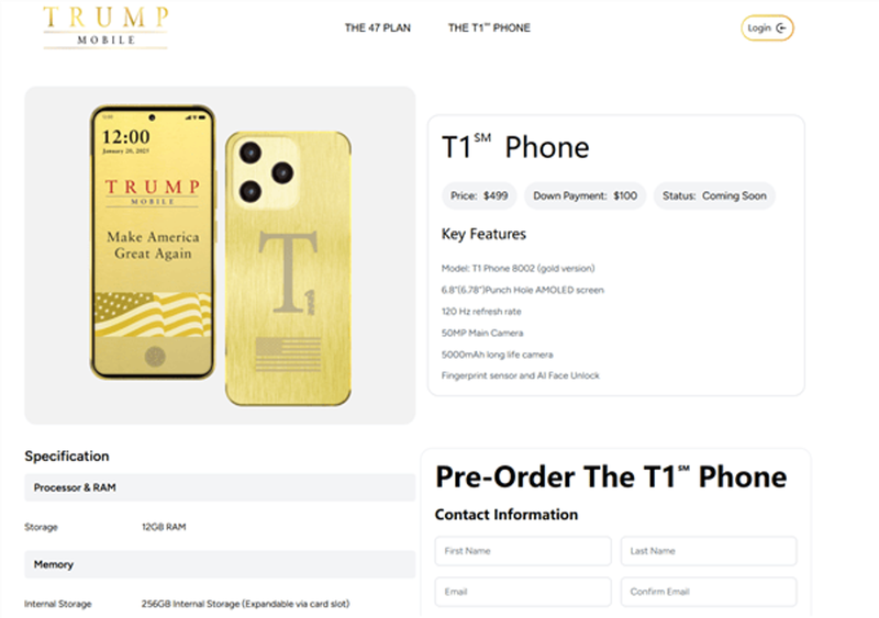 Trump Mobile quảng cáo rao bán T1 Phone. Ảnh: Sohu. Quang cao dien thoai.png