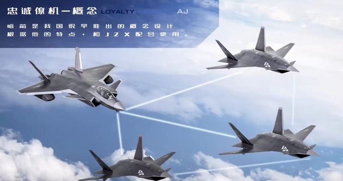 Sơ đồ một tiêm kích thế hệ thứ năm J-20 cùng 3 chiếc UAV "trợ thủ trung thành". Ảnh: QQnews. Dong doi trung thanh.jpg