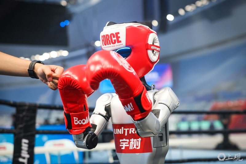 Robot Unitree biễu diễn đấu quyền anh với người. Ảnh: JFDL. Quyen anh.jpg