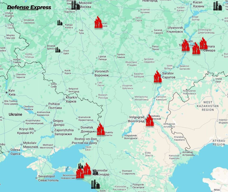 Vị trí các kho xăng dầu của Nga bị Ukraine dùng UAV tấn công thời gian qua. Ảnh: Defense Express. Kho dau Nga bi tan cong.png