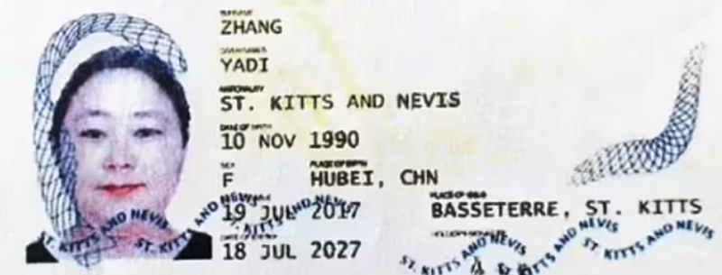 Tiền Chí Mẫn trốn sang Anh với hộ chiếu đảo quốc St Kitts & Nevis mang tên giả "Yadi Zhang. Ảnh: Sohu. Ho chieu gia de vao Anh.png