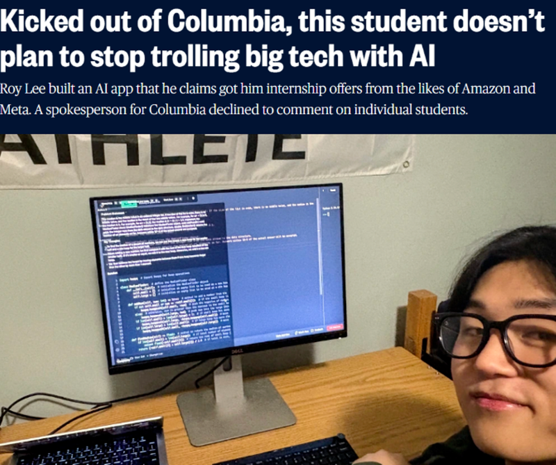 Roy Lee từng bị Amazon cấm cửa và Đại học Columbia đuổi học vì lén dùng công cụ AI để vượt qua vòng phỏng vấn của Amazon. Ảnh: Creaders. Roy Lee.png