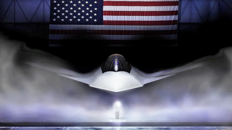 Mô hình máy bay chiến đấu thế hệ sáu F-47 Thunderstorm do Mỹ công bố. Ảnh: Getty.