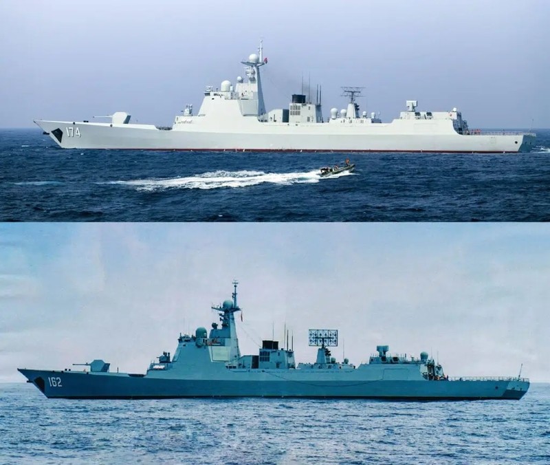 Type 052D (trên) so với Type 052DL (dưới). Type-052DL có nhà chứa máy bay kéo dài, sàn trực thăng cũng như các radar tìm kiếm trên không khác nhau. Ảnh Naval News