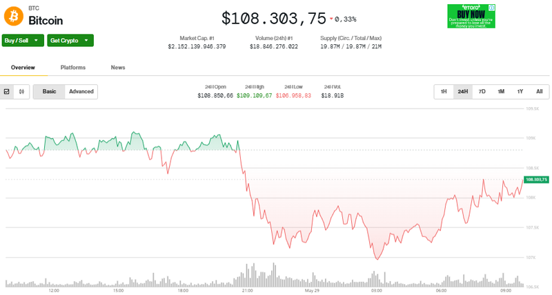 Giá trị Bitcoin trong 24h qua. Ảnh: Coin Desk. Screenshot 2025-05-29 094945.png