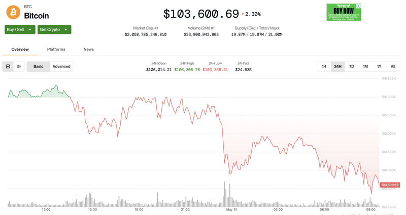 Giá trị Bitcoin trong 24h qua. Ảnh: Coin Desk. Screenshot 2025-05-31 at 09.32.27.png