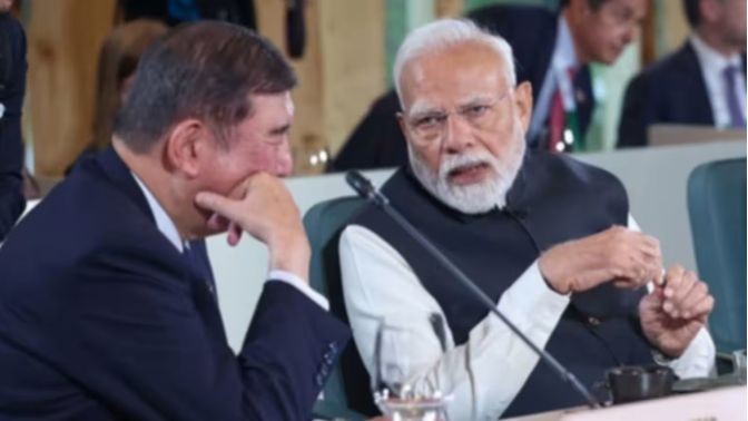 Thủ tướng Nhật Bản Shigeru Ishiba, bên trái, và người đồng cấp Ấn Độ Narendra Modi đã gặp nhau tại hội nghị thượng đỉnh G7 vào tháng 6. Ảnh: Nikkei Asia. Capture.PNG