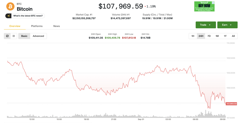 Giá Bitcoin điều chỉnh. Ảnh: Coin Desk. Ảnh màn hình 2025-09-01 lúc 09.18.57.png