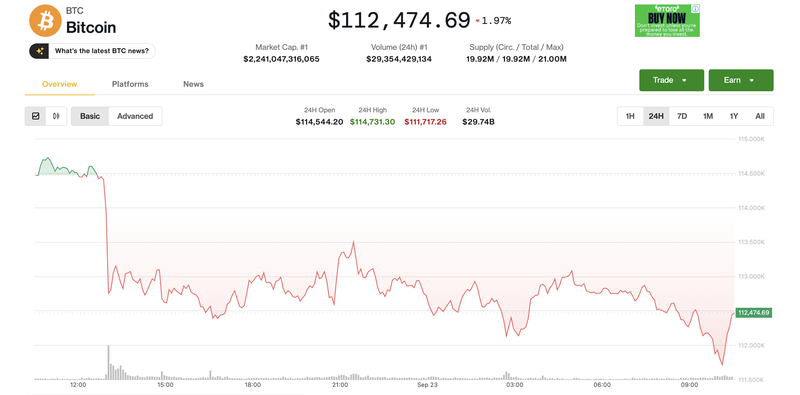 Giá Bitcoin điều chỉnh. Ảnh: Coin Desk. Ảnh màn hình 2025-09-23 lúc 10.30.50.png
