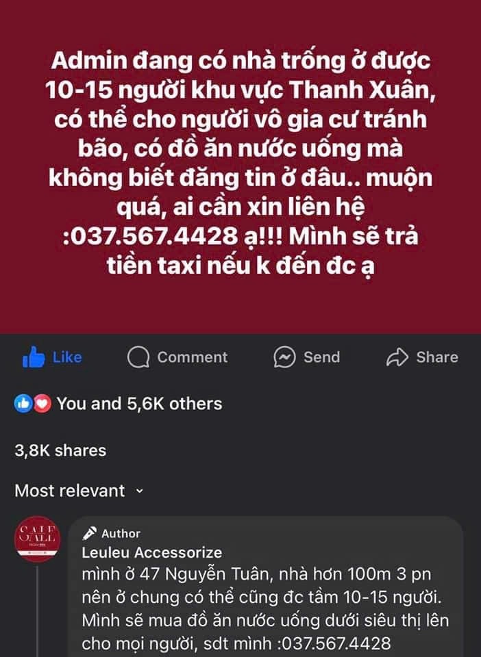 Nhiều người dùng mạng xã hội ngỏ ý cho người dân, người vô gia cư đến nhà ở tránh mưa bão. b11.jpg