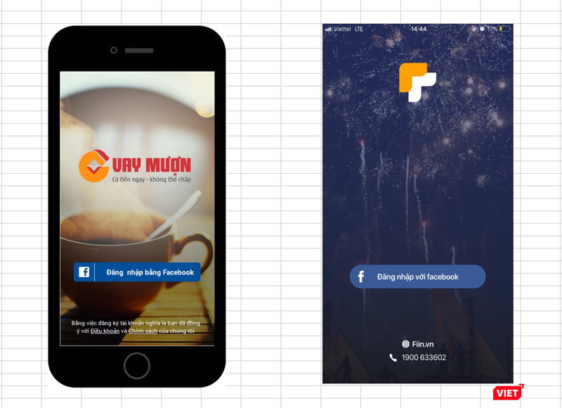 Ảnh so sánh màn hình đăng nhập giữa 2 ứng dụng Fiin và Vaymuon. Ảnh: NextTech