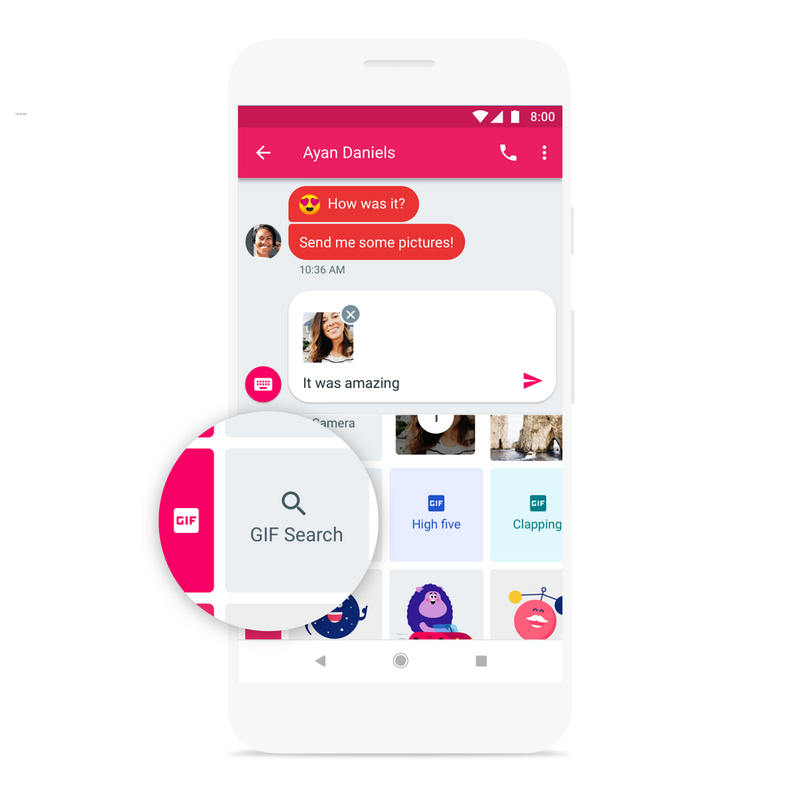 Tính năng tìm kiếm ảnh GIF trên Android Messages. Ảnh: TheKeyword Tính năng tìm kiếm ảnh GIF trên Android Messages. Ảnh: TheKeyword