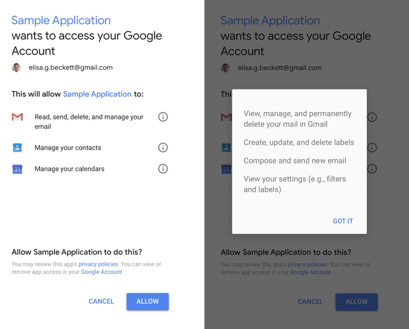 Bước cấp quyền truy cập cho ứng dụng của bên thứ 3 của Google. Ảnh: TheKeyword Bước cấp quyền truy cập cho ứng dụng của bên thứ 3 của Google. Ảnh: TheKeyword