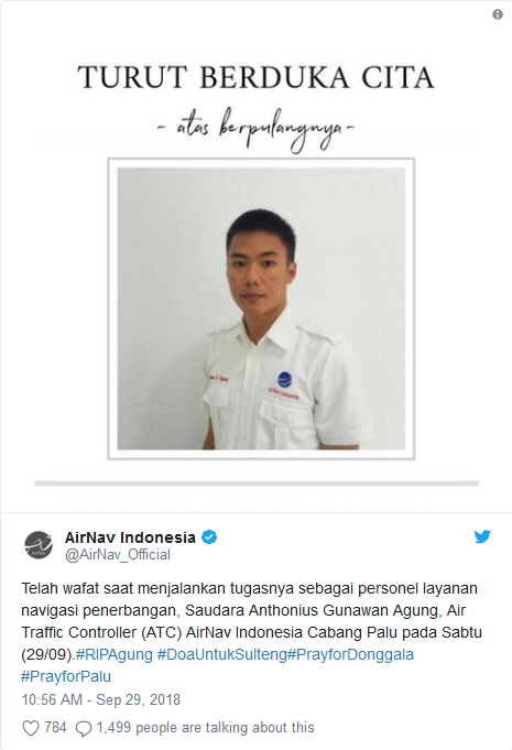 Cơ quan giám sát hàng không Indonesia phát đi thông điệp chia buồn với nhân viên kiểm soát không lưu hy sinh trong quá trình làm nhiệm vụ. Ảnh: Twitter
