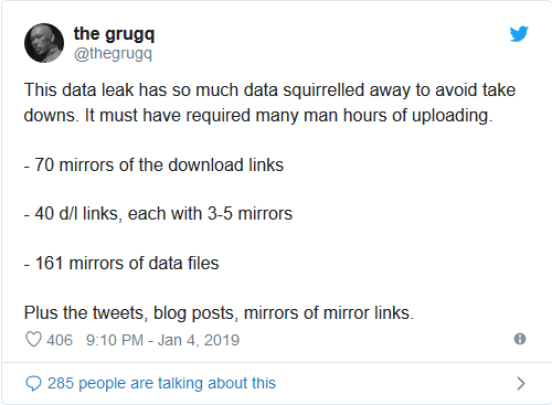 Chuyên gia bảo mật cho rằng: "Trong vụ rò rỉ này, có quá nhiều dữ liệu ẩn để tránh việc bị gỡ bỏ. Tin tặc đã mất nhiều giờ để tải lên. Tổng cộng 70 liên kết bản sao tới đường dẫn tải xuống; 40 đường dẫn tải xuống và mỗi đường dẫn có 3-5 bản sao; 161 tệp tin bản sao dữ liệu. Đó là chưa kể tới bài đăng trên Twitter, blog và bản sao của liên kết bản sao". Ảnh: Twitter.
