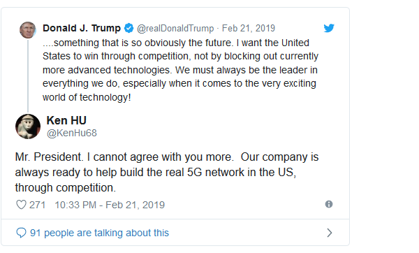 Chủ tịch luân phiên Huawei Ken Hu trả lời ông Trump trên Twitter rằng Huawei sẵn sàng tham gia triển khai 5G tại Mỹ thông qua cạnh tranh. Ảnh: Twitter