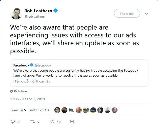 Dòng Tweet của Giám đốc sản phẩm Facebook, Rob Leathern. Ảnh: Twitter