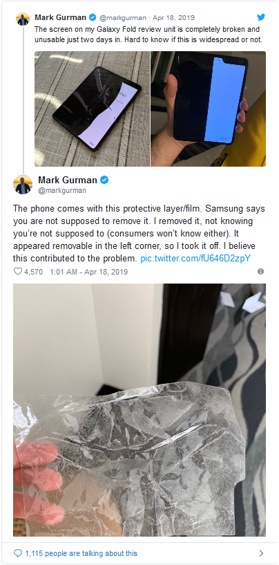 PV TechCrunch, Mark Gurman đăng tải dòng Tweet như sau: "Màn hình của Galaxy Fold hỏng hoàn toàn sau 2 ngày đánh giá. Tôi không rõ là sự cố này có phổ biến hay không". Anh Gurman viết: "Máy đi kèm một tấm dán màn hình. Samsung nói là bạn không nên tự bóc nó ra. Tôi không biết và đã bóc khi nó xuất hiện một góc tháo được. Nó có thể là một trong những nguyên nhân gây ra sự cố". PV TechCrunch, Mark Gurman đăng tải dòng Tweet như sau: "Màn hình của Galaxy Fold hỏng hoàn toàn sau 2 ngày đánh giá. Tôi không rõ là sự cố này có phổ biến hay không". Anh Gurman viết: "Máy đi kèm một tấm dán màn hình. Samsung nói là bạn không nên tự bóc nó ra. Tôi không biết và đã bóc khi nó xuất hiện một góc tháo được. Nó có thể là một trong những nguyên nhân gây ra sự cố".