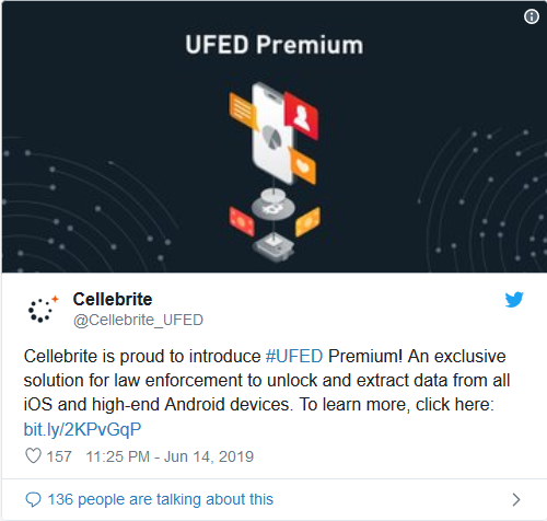 Đăng tải trên Twitter ngày 14/6, Cellebrite mô tả UFED Premium là dịch vụ du nhất hỗ trợ cơ quan thi pháp luật trích xuất dữ liệu từ tất cả thiết bị iOS và thiết bị Android cao cấp. Ảnh: Twitter
