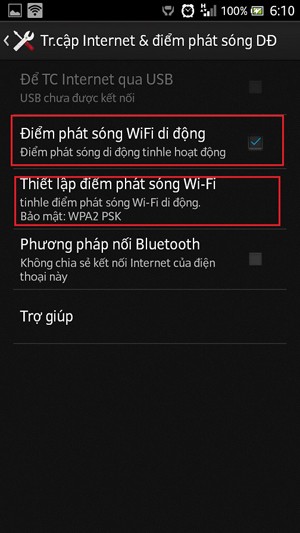 Phát WiFi bằng điện thoại Android: Đánh dấu vào phần “Điểm phát sóng WiFi di động” rồi nhấp chuột vào phần “Thiết lập điểm phát sóng WiFi”.