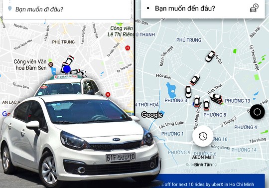 "Cuộc chiến" của taxi truyền thống với Grab, Uber chưa có hồi kết khi các bên đều không nhìn cùng một hướng Ảnh ghép: TẤN THẠNH