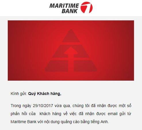 Maritime Bank gửi thư "trấn an" khách hàng. Ảnh chụp màn hình