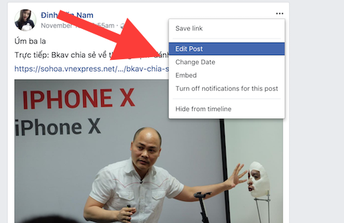 Facebook phiên bản web hiện không còn tuỳ chọn xoá bài đã đăng. Ảnh chụp màn hình.