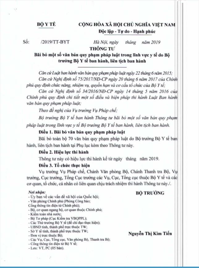 Dự thảo Thông tư bãi bỏ 70 văn bản qui phạm pháp luật của Bộ Y tế