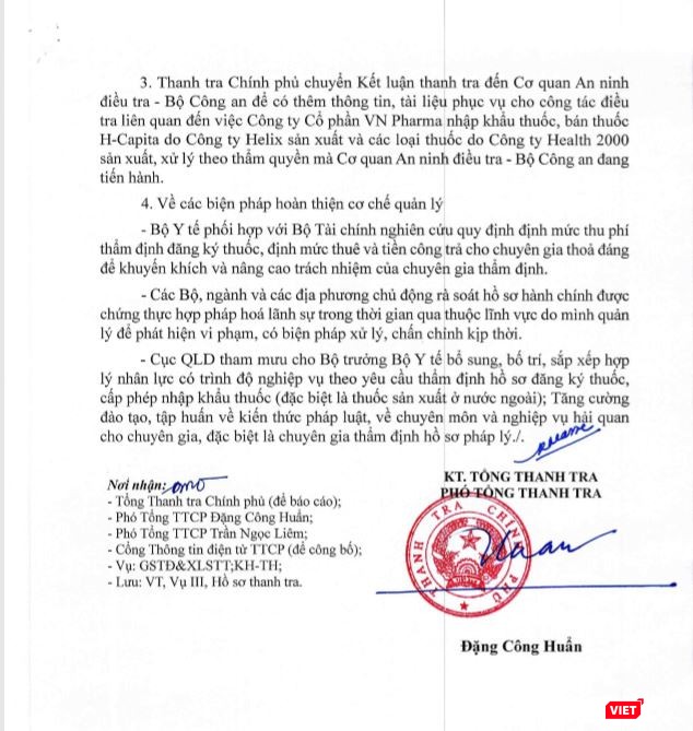 Kết luận của Thanh tra Chính phủ về vụ vi phạm trong cấp giấy phép nhập khẩu, giấy đăng ký lưu hành đối với 10 loại thuốc của Công ty Helix, cấp giấy phép hoạt động cho Công ty Helix và việc trúng các gói thầu cung cấp thuốc cho các bệnh viện của Công ty Cổ phần VN Pharma Kết luận của Thanh tra Chính phủ về vụ vi phạm trong cấp giấy phép nhập khẩu, giấy đăng ký lưu hành đối với 10 loại thuốc của Công ty Helix, cấp giấy phép hoạt động cho Công ty Helix và việc trúng các gói thầu cung cấp thuốc cho các bệnh viện của Công ty Cổ phần VN Pharma