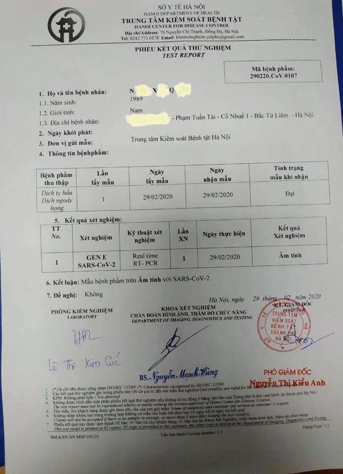 Kết quả xét nghiệm mẫu bệnh phẩm của bệnh nhân N.X.Q. 