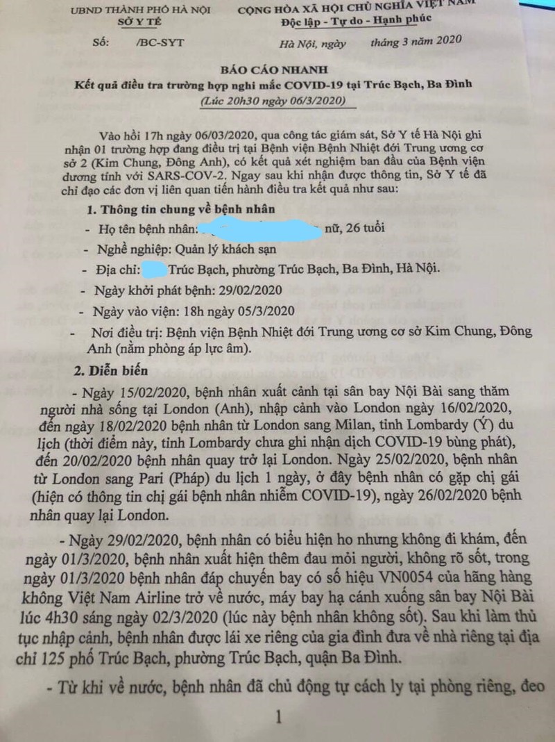 Báo cáo của Sở Y tế Hà Nội về trường hợp bệnh nhân COVID-19 đầu tiên ở Hà Nội Báo cáo của Sở Y tế Hà Nội về trường hợp bệnh nhân COVID-19 đầu tiên ở Hà Nội