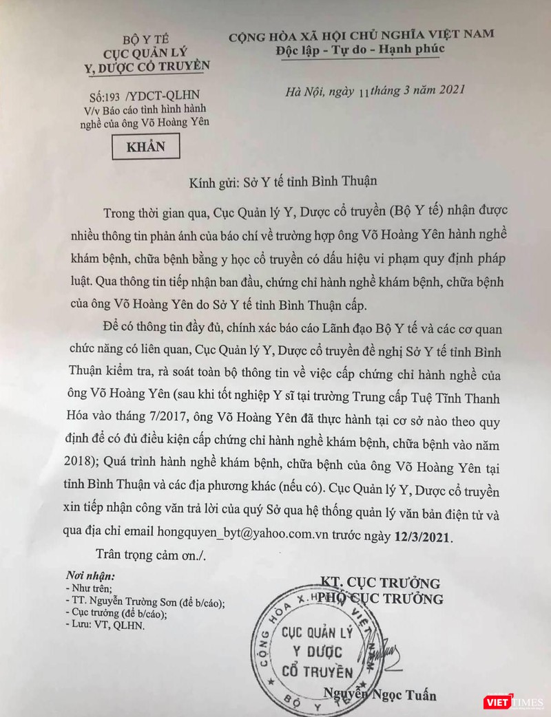 Công văn của Cục Quản lý Y, dược học cổ truyền