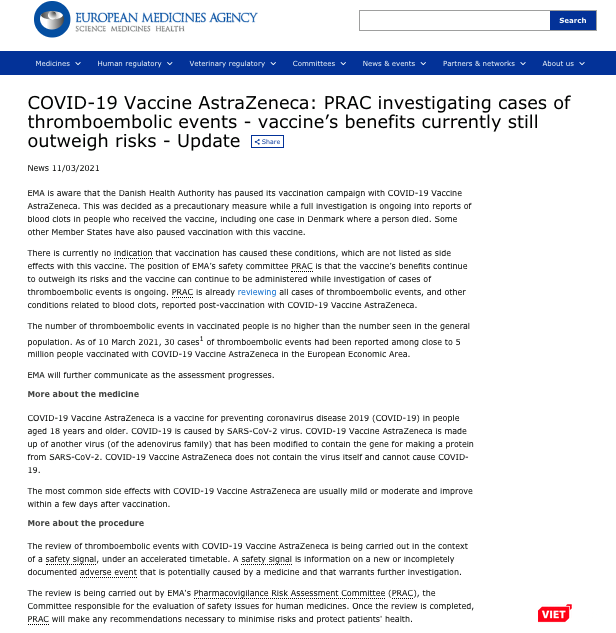 Thông tin từ EMA về Vaccine phòng COVID-19 AstraZeneca sau khi một số nước tạm ngưng sử dụng Thông tin từ EMA về Vaccine phòng COVID-19 AstraZeneca sau khi một số nước tạm ngưng sử dụng